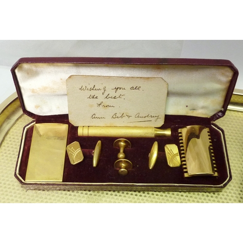 40 - A collectors' lot comprising a silver plated ring box; a wine taster cup; a cased gold plated Gillet... 