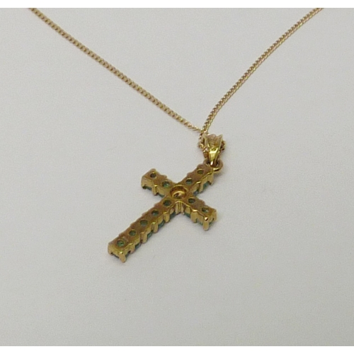 7 - A cross pendant, 9ct gold set with diamond & emerald, the whole suspended from an unmarked yellow me... 