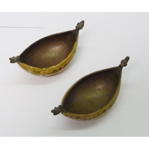 91 - A pair of Kashkul beggar's bowls, papier mache over brass.  Each 105mm tip to tip.