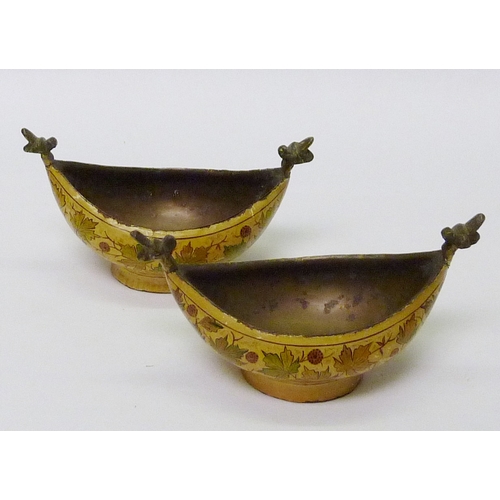 91 - A pair of Kashkul beggar's bowls, papier mache over brass.  Each 105mm tip to tip.