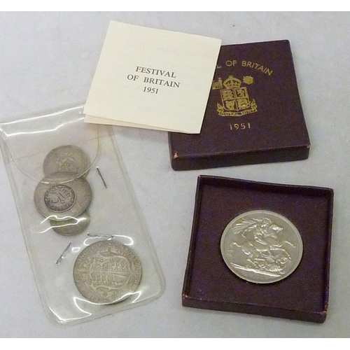 71 - Coins incl and Edward VII half crown and florin, a 1951 Festival of Britain crown, a 1970 cased proo... 