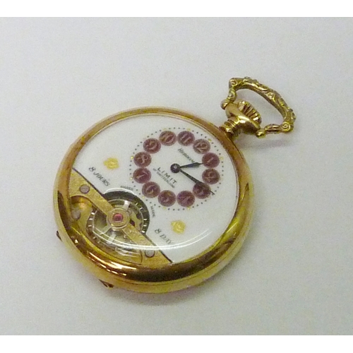 84 - A Hebdomas 8 Day pocket watch by Limit of Switzerland, having a keyless wind lever movement in a gol... 