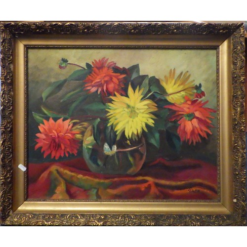 396 - A large oil on board still life together with M Neville oil on board landscape, W Russell coastal wa... 