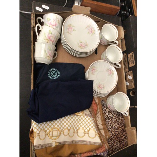 380 - Two Royal Copenhagen plated, misc ceramics, barometer, tea ware, scarves, gin glass etc (2)