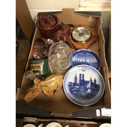 380 - Two Royal Copenhagen plated, misc ceramics, barometer, tea ware, scarves, gin glass etc (2)