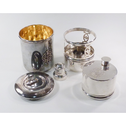 1 - WITHDRAWN - An Edwardian gentlemans' silver travelling / hunting spirit kettle, burner stand and spi... 