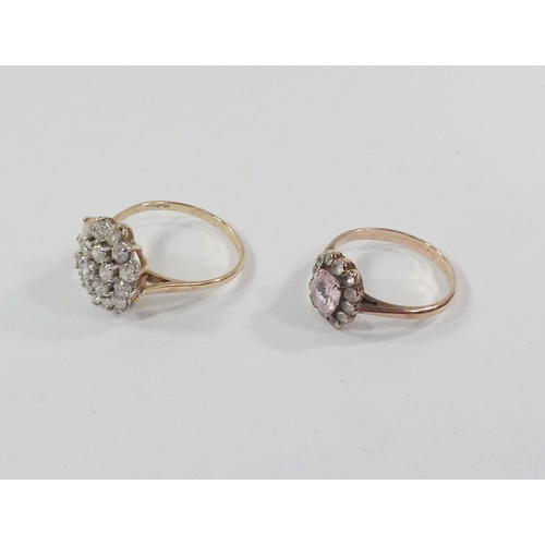 30 - A 9ct gold cluster ring set with white stones, 2.5gr gross; a halo ring comprising a central pink st... 