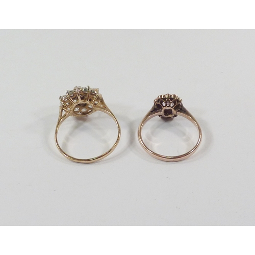 30 - A 9ct gold cluster ring set with white stones, 2.5gr gross; a halo ring comprising a central pink st... 