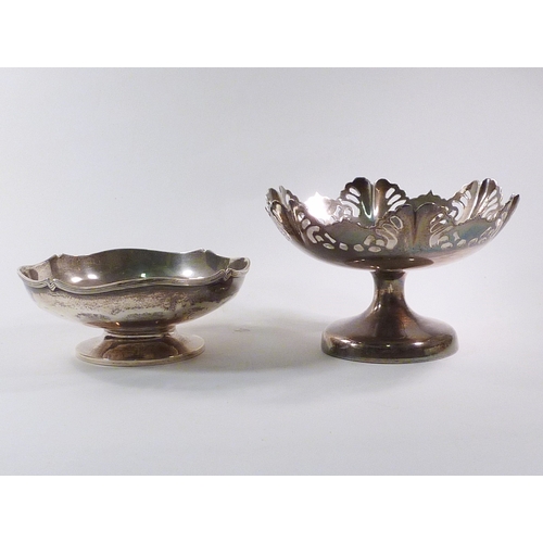 58 - A silver pedestal bowl having a pierced rim. 117mm diameter; another silver pedestal bowl.  195gr