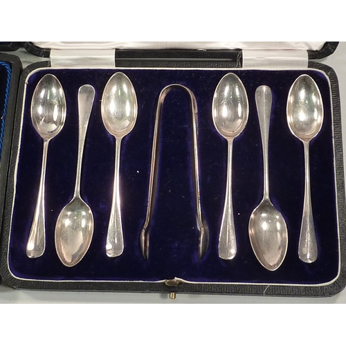 60 - A cased set of six silver teaspoons; a cased set of six silver teaspoons with a matching sugar tongs... 