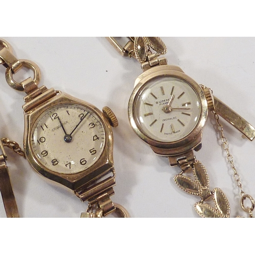 72 - Two ladies 9ct gold bracelet watches having manual wind lever movements.  Approximately 25gr gross