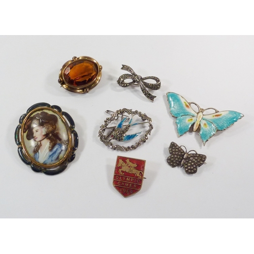 75 - A butterfly brooch, white metal and enamel, Henry James Hulbert c1915.  51mm across wings; other bro... 