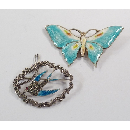 75 - A butterfly brooch, white metal and enamel, Henry James Hulbert c1915.  51mm across wings; other bro... 