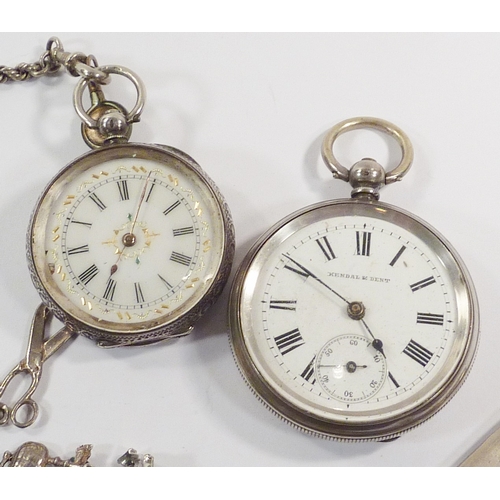 76 - A Kendal and Dent pocket watch having a three quarter plate movement in a white metal case marked 80... 