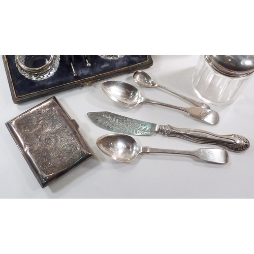 78 - Silver incl a cigarette case; a napkin ring; case silver rimmed salts; three various spoons etc.  14... 