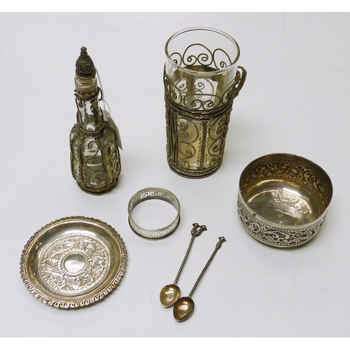 66 - A white metal bowl, 80mm diameter; a white metal  cased coffee glass and scent bottle; etc