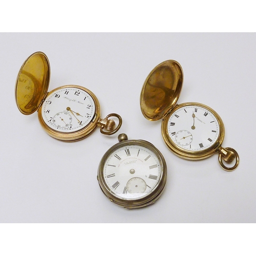 67 - A silver cased pocket watch; two gold plated pocket watches.  All A/F