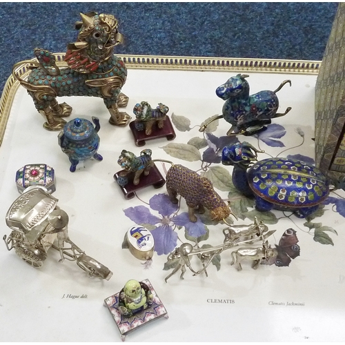 88 - A collection of Chinese enamel animals, pill boxes, and two Chinese white metal figure groups; toget... 