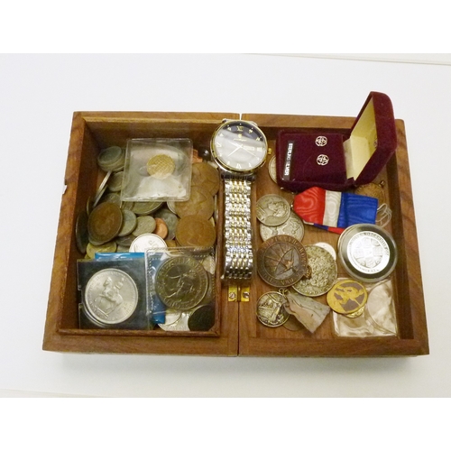 94 - A group of coins, fantasy coins and tokens; a wristwatch, medals etc.