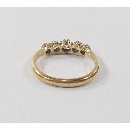 98 - A five stone diamond ring in an 18ct gold setting.  Central stone 2.5mm diameter / gross weight 2.2g