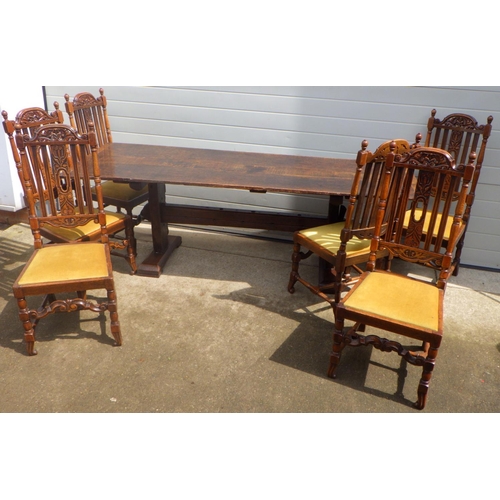 891 - An oak refectory dining table together with six chairs (7)