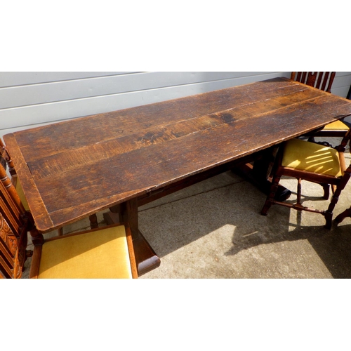 891 - An oak refectory dining table together with six chairs (7)