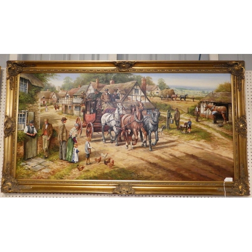 66 - C D Howells, coach and horses travelling through a village signed large framed oil on canvas 135 x 7... 