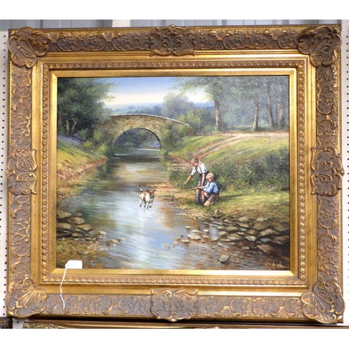 64 - C D Howells, Father & son fishing in a stream, signed framed oil on canvas 85 x 75cm inc frame