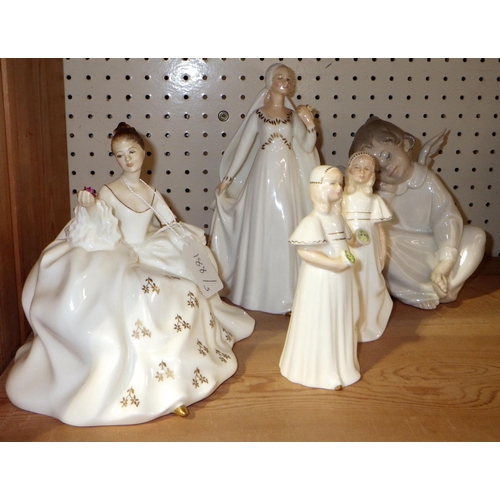 15 - Four Royal Doulton figures, Bride (HN2873) 2x Bridesmaid (HN2874) My love (HN2339)  together with a ... 