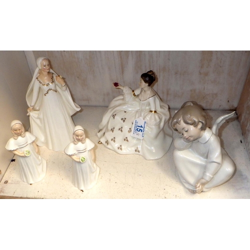 15 - Four Royal Doulton figures, Bride (HN2873) 2x Bridesmaid (HN2874) My love (HN2339)  together with a ... 