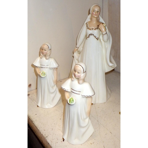 15 - Four Royal Doulton figures, Bride (HN2873) 2x Bridesmaid (HN2874) My love (HN2339)  together with a ... 