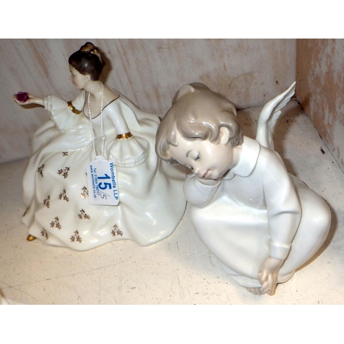 15 - Four Royal Doulton figures, Bride (HN2873) 2x Bridesmaid (HN2874) My love (HN2339)  together with a ... 