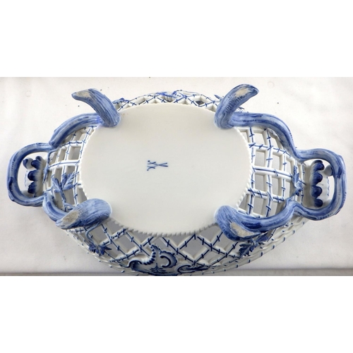 28 - A large restored Meissen lattice centre piece together with a Meissen basket and a group of Blue Flu... 