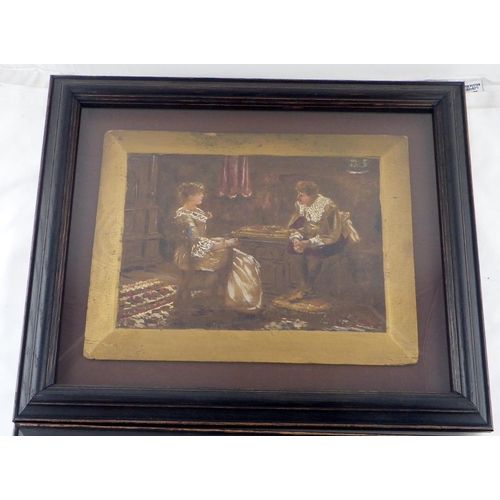 42 - A pair of Flemish ? interior scenes  painted panels  44 x 36cm inc frame (2)
