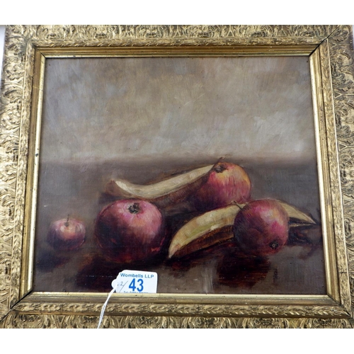 43 - Two gilt framed unsigned oil on canvas still life's, repairs  40 x 35cm & 50 x 35cm inc frames (2)