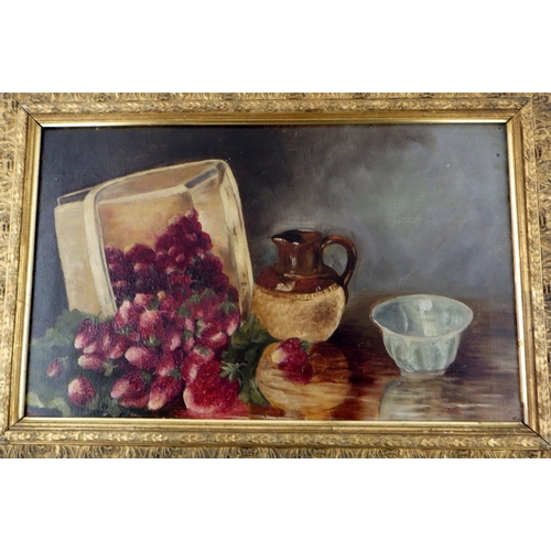 43 - Two gilt framed unsigned oil on canvas still life's, repairs  40 x 35cm & 50 x 35cm inc frames (2)