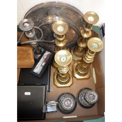 8 - Two pairs of Victorian brass candlesticks; other metalwares, wooden boxes etc.