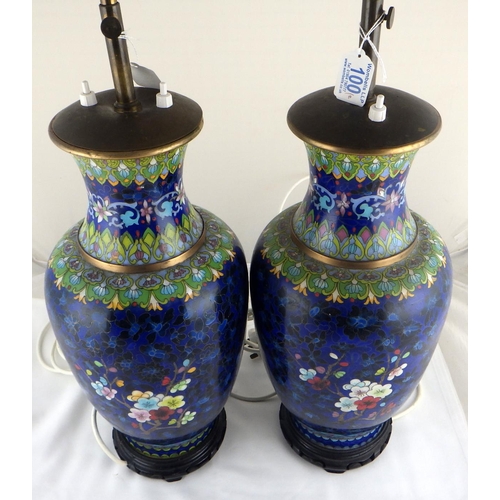 100 - A pair of cloisonné vase based table lamps.  79cm tall.