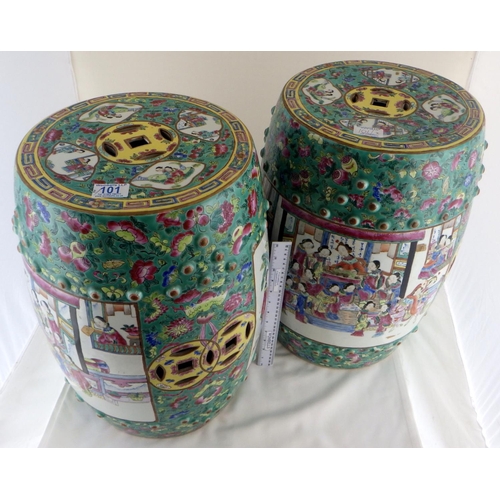 101 - A pair of Chinese porcelain famille vert stools.  49cm tall