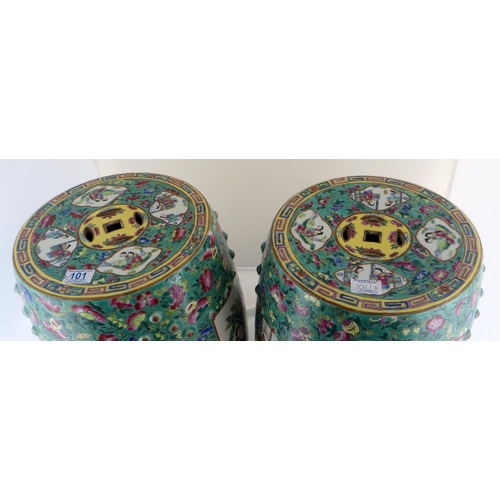 101 - A pair of Chinese porcelain famille vert stools.  49cm tall