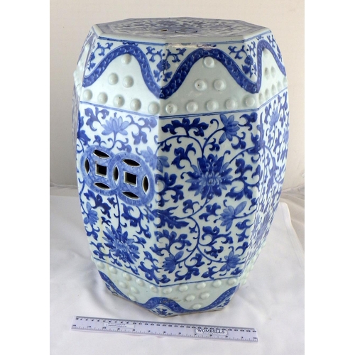 102 - A Chinese porcelain octagonal stool having blue & white decoration.  49cm.