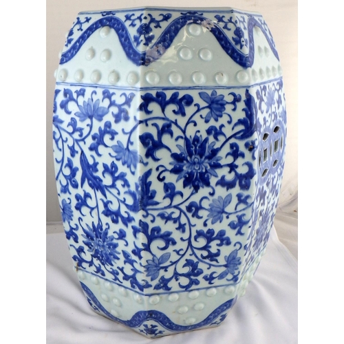 102 - A Chinese porcelain octagonal stool having blue & white decoration.  49cm.