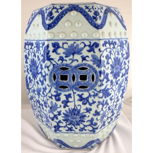 102 - A Chinese porcelain octagonal stool having blue & white decoration.  49cm.