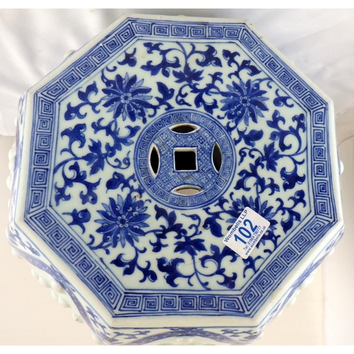 102 - A Chinese porcelain octagonal stool having blue & white decoration.  49cm.