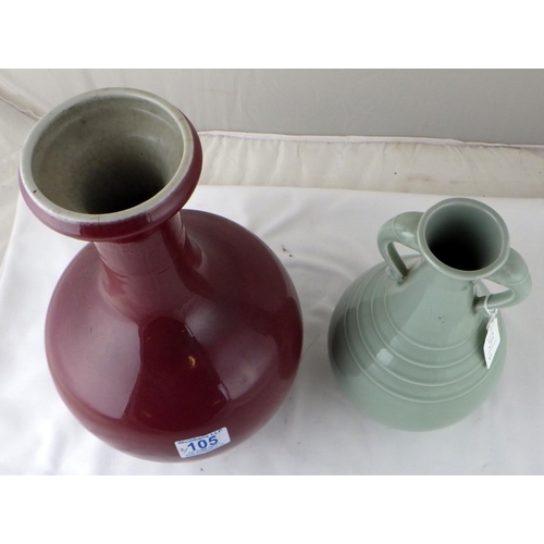 105 - Two celadon glaze vases, one green and one red.  Red vase 34cm tall.