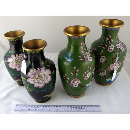 110 - Two pairs of Chinese cloisonné vases, the larger green pair each 26cm tall.