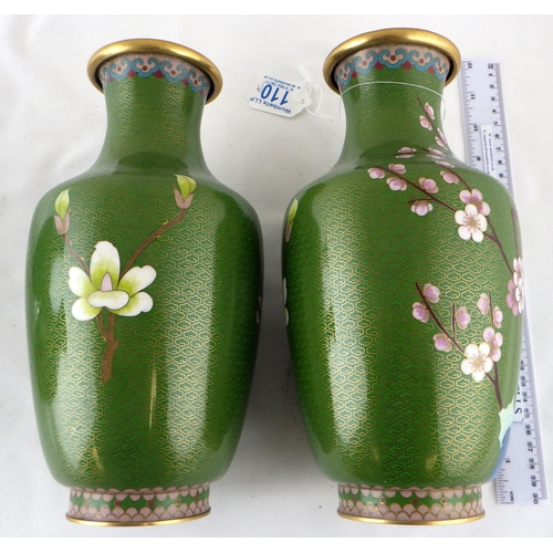 110 - Two pairs of Chinese cloisonné vases, the larger green pair each 26cm tall.