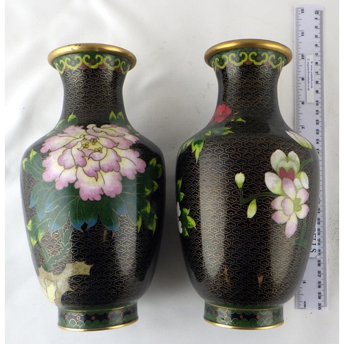 110 - Two pairs of Chinese cloisonné vases, the larger green pair each 26cm tall.