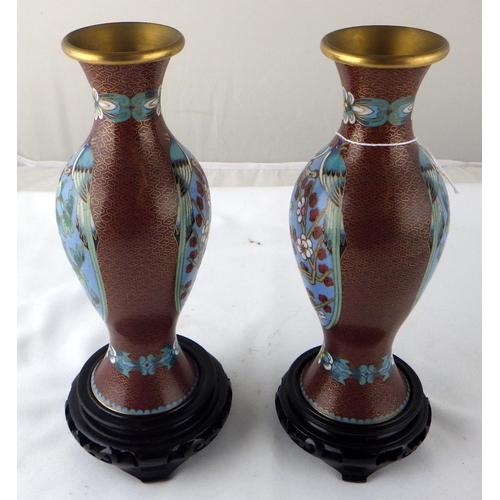 116 - Two pairs of Chinese cloisonné enamel vases, the pair on carved stands 24cm tall.  (4)