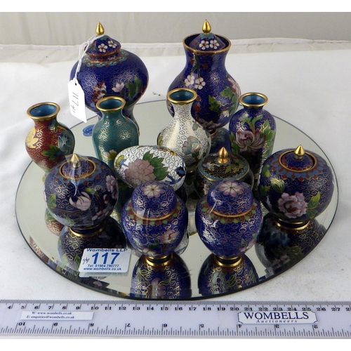 117 - A collection of Chinese cloisonné enamel miniatures including four open vases and two covered vases.... 